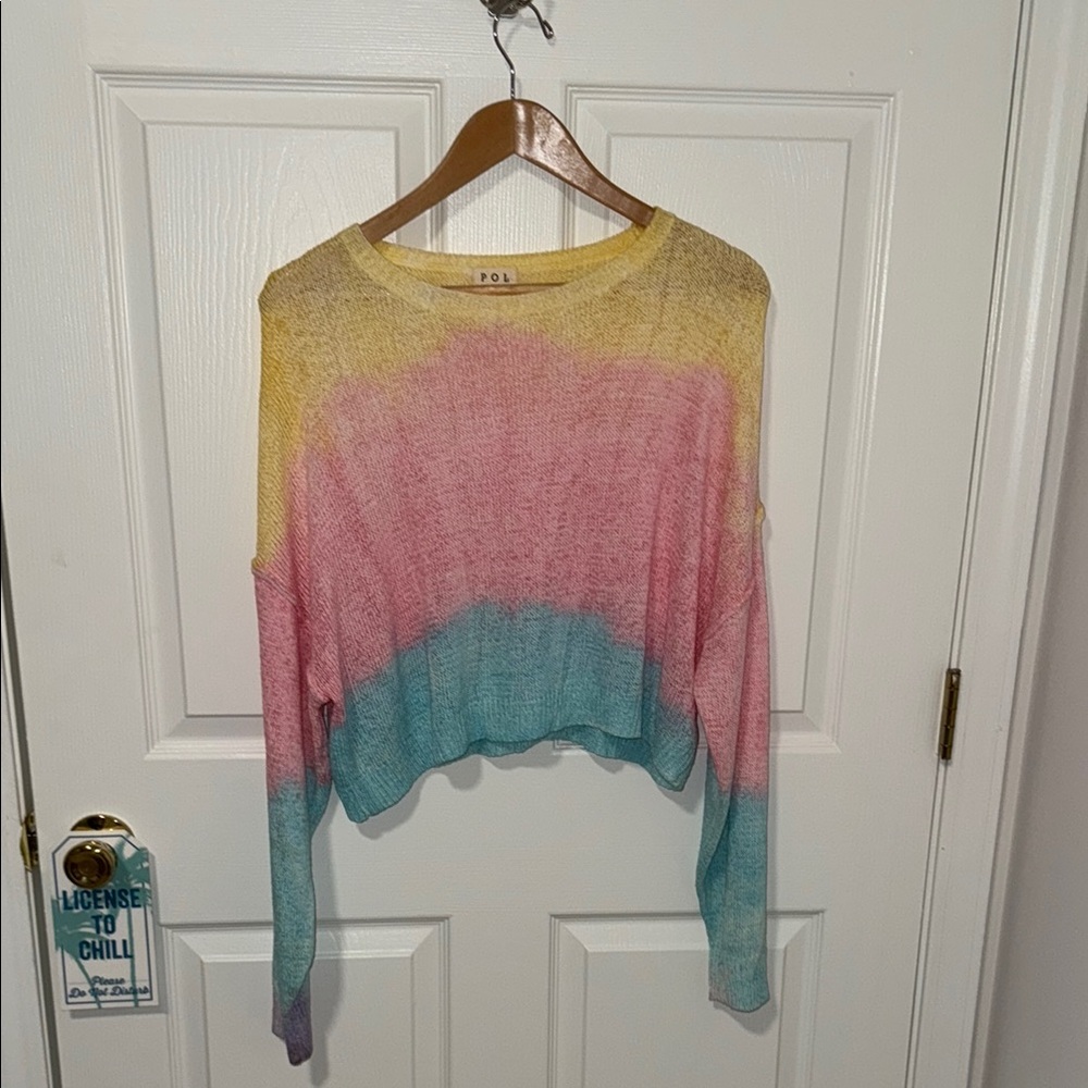 POL Multicolor Pastel Rainbow Cropped Sweater - Yellow Pink Blue Purple